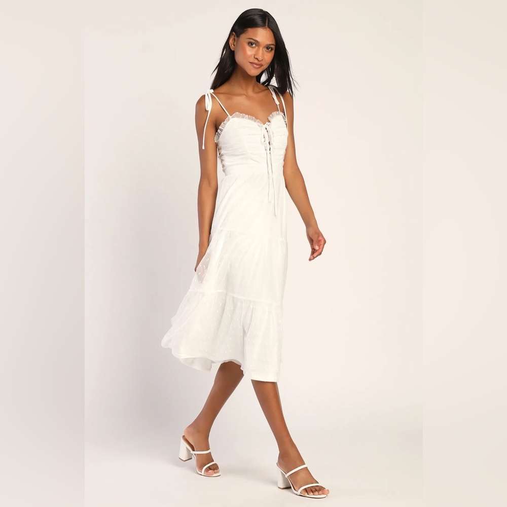 NWOT Lulus Always Sweet White Swiss Dot Tie-Strap Lace-Up Tiered Midi Dress
